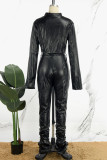 Black Street Solid Patchwork Buttons Slit Zipper O Neck Long Sleeve Two Pieces