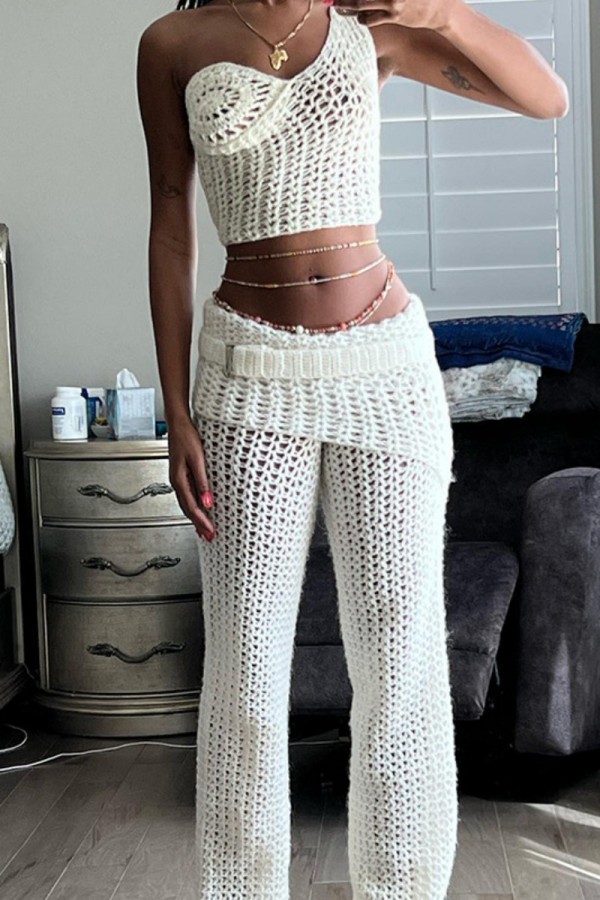 White Casual Solid Hollowed Out Backless One Shoulder Sleeveless Two Pieces