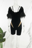 Black Sexy Solid Patchwork See-through O Neck Romper