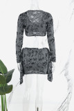Grey Street Solid Ripped Patchwork U Neck Long Sleeve Two Pieces