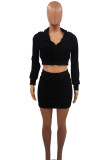 Black Casual Solid Patchwork Draw String Pocket Zipper Hooded Collar Long Sleeve Two Pieces