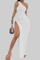 White Casual Solid Patchwork High Opening One Shoulder Long Dress Dresses