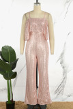 Pink Sexy Casual Patchwork Sequins Backless Spaghetti Strap Regular Jumpsuits