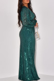 Green Elegant Solid Sequins Patchwork V Neck Long Dress Dresses