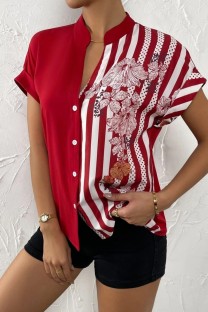 Red Casual Print Patchwork V Neck Tops