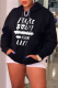 Black Casual Street Print Draw String Letter Hooded Collar Tops