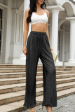 Black Sweet Solid Patchwork Draw String Straight Mid Waist Straight Solid Color Bottoms