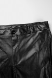 Black Street Solid Patchwork Buttons Slit Zipper O Neck Long Sleeve Two Pieces