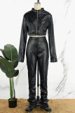 Black Street Solid Patchwork Buttons Slit Zipper O Neck Long Sleeve Two Pieces