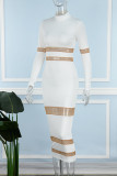White Casual Solid Patchwork See-through Half A Turtleneck Long Sleeve Dresses