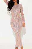Pink Sexy Solid Sequins Patchwork Mesh O Neck Long Dress Dresses