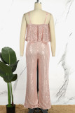 Pink Sexy Casual Patchwork Sequins Backless Spaghetti Strap Regular Jumpsuits