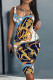 Gold Casual Print Basic U Neck Vest Dress Dresses