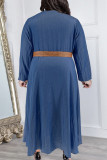 Royal Blue Sweet Solid Patchwork Buckle Turndown Collar A Line Plus Size Dresses