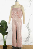 Pink Sexy Casual Patchwork Sequins Backless Spaghetti Strap Regular Jumpsuits