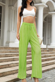 Green Sweet Solid Patchwork Draw String Straight Mid Waist Straight Solid Color Bottoms