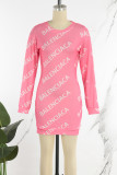 Pink (Balenciaca)Casual Letter Patchwork O Neck A Line Dresses