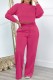 Rose Red Casual Solid Basic O Neck Long Sleeve Two Pieces
