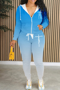 Sky Blue Casual Print Basic Hooded Collar Long Sleeve Two Pieces