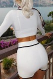 White Casual Patchwork V Neck Long Sleeve Two Pieces