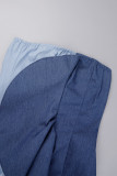 Blue Sexy Casual Patchwork Backless Contrast Strapless Wrapped Skirt Dresses