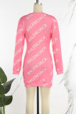 Pink (Balenciaca)Casual Letter Patchwork O Neck A Line Dresses