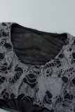 Grey Street Solid Ripped Patchwork U Neck Long Sleeve Two Pieces