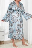 Sky Blue Casual Living Print Frenulum Cardigan V Neck Plus Size Sleepwear