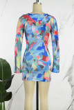 Colour Casual Print Hollowed Out Frenulum V Neck Long Sleeve Dresses