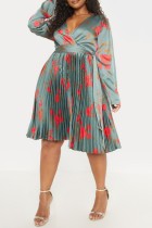 Light Gray Casual Print Patchwork V Neck Pleated Plus Size Dresses
