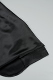 Black Street Solid Patchwork Buckle Mandarin Collar Tops