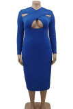 Blue Sexy Solid Hollowed Out Patchwork V Neck Long Dress Plus Size Dresses