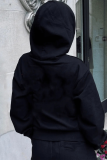 Black Casual Street Print Draw String Letter Hooded Collar Tops