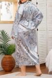 Light Blue Casual Living Print Frenulum Cardigan V Neck Plus Size Sleepwear