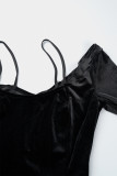 Black Sexy Solid Patchwork See-through O Neck Romper