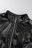 Black Street Solid Patchwork Buttons Slit Zipper O Neck Long Sleeve Two Pieces