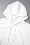 White Casual Street Print Draw String Hooded Collar Tops