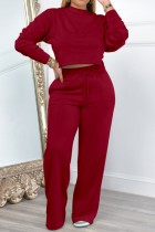 Burgundy Casual Solid Basic O Neck Long Sleeve Two Pieces