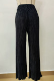 Black Sweet Solid Patchwork Draw String Straight Mid Waist Straight Solid Color Bottoms