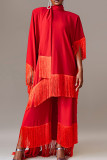 Red Elegant Solid Tassel Bandage Patchwork Mandarin Collar Long Sleeve Two Pieces