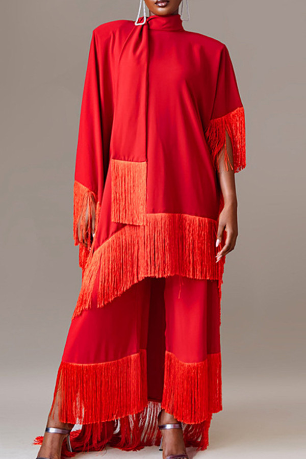 Red Elegant Solid Tassel Bandage Patchwork Mandarin Collar Long Sleeve Two Pieces