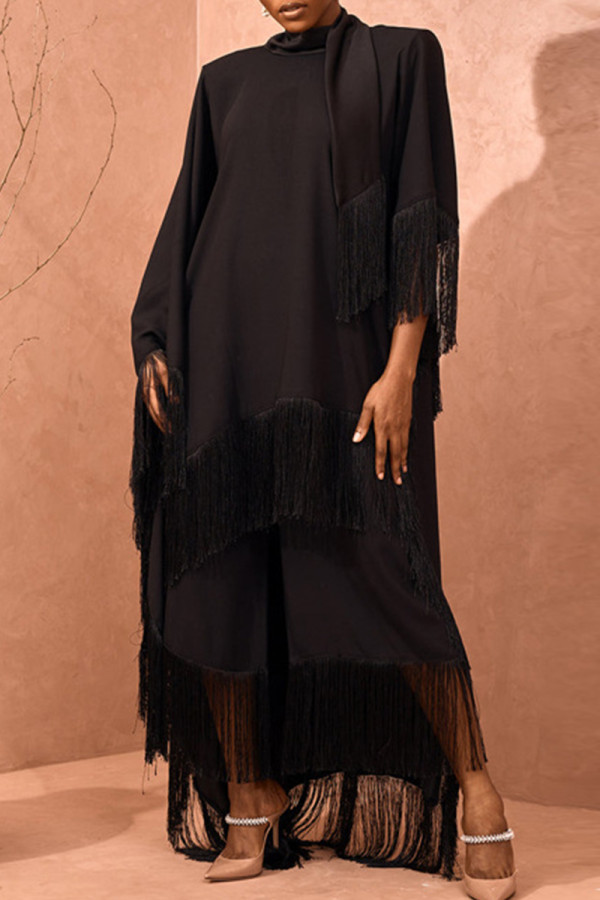 Black Elegant Solid Tassel Bandage Patchwork Mandarin Collar Long Sleeve Two Pieces