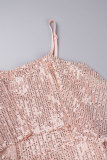 Pink Sexy Casual Patchwork Sequins Backless Spaghetti Strap Regular Jumpsuits
