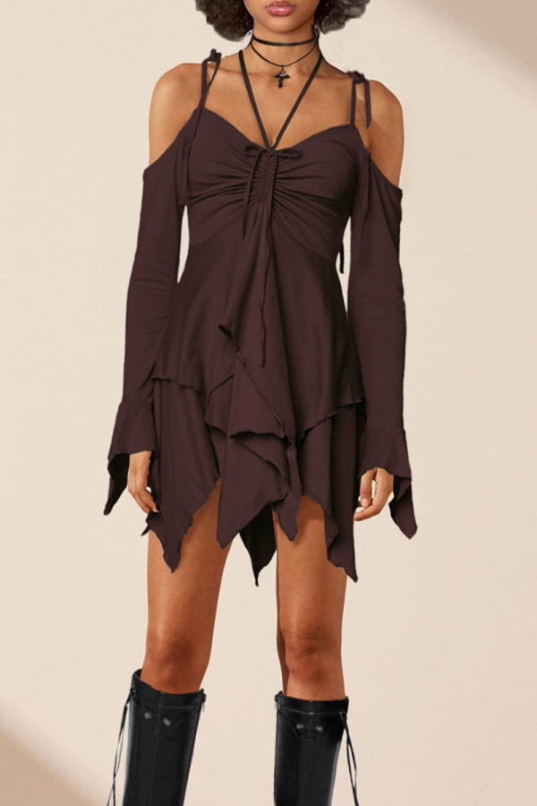 Brown Street Solid Bandage Patchwork Asymmetrical Collar Irregular Dress Dresses