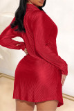 Red Casual Solid Patchwork Buckle Shirt Collar Shirt Dress Dresses