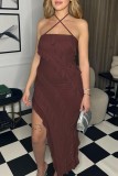 Brown Sexy Solid Backless Slit Spaghetti Strap Irregular Dress Dresses