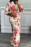 Red Daily Elegant Print Floral Printing Smocking Turndown Collar Three Quarter Two Pieces