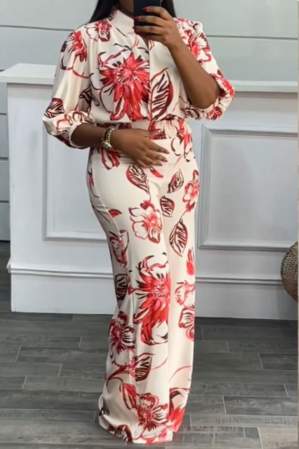 Red Daily Elegant Print Floral Printing Smocking Turndown Collar Three Quarter Two Pieces