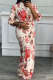 Red Daily Elegant Print Floral Printing Smocking Turndown Collar Three Quarter Two Pieces