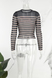Black Street Print Patchwork See-through O Neck Tops